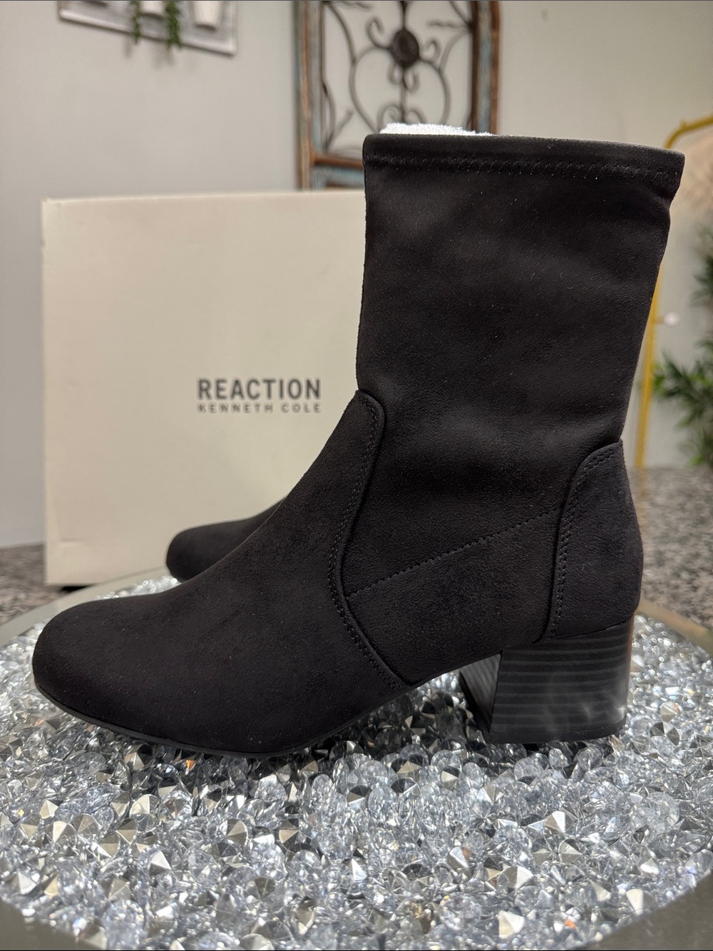 Reaction Kenneth Cole Black Stretch Ankle Booties with Low Block Heel NEW 7